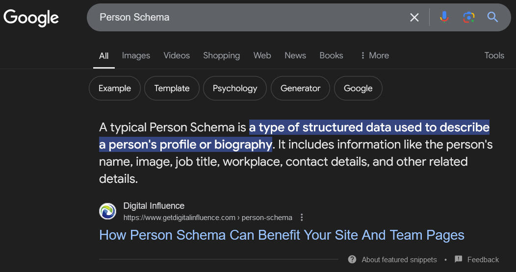 Person Schema - Featured Snippet.